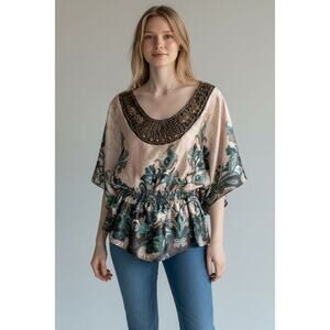 Heart Soul Women Blouse Beaded Collar Grey/Teal Sz M